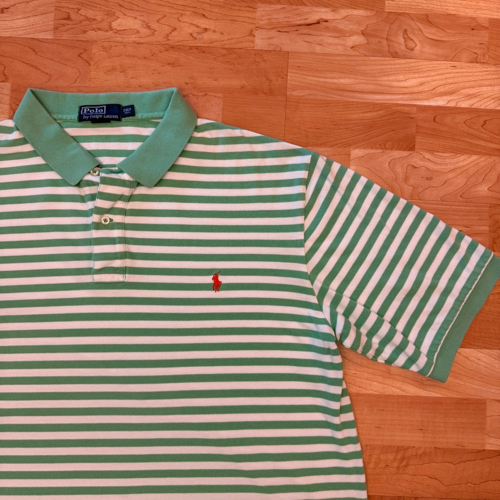 Vintage Polo Ralph Lauren Mens 2XLT Tall Green White Striped Polo Shirt